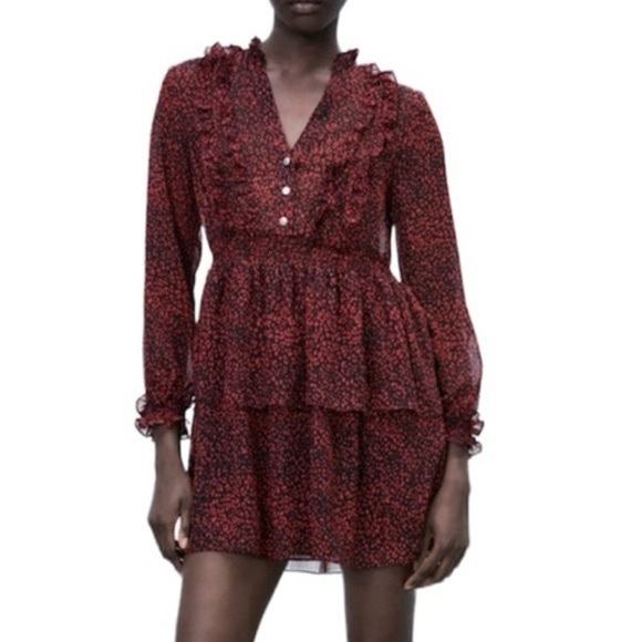🇺🇸 NWT ZARA ANIMAL PRINT RUFFLE MINI DRESS RED / BLACK - Picture 3 of 6